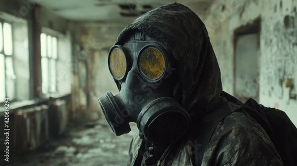 Fototapeta Post-Apocalyptic Survivor in Gas Mask Amidst a Decaying Building - Danger, Resilience, and Survival Theme