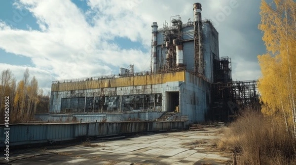 Fototapeta Abandoned Industrial Complex featuring Dilapidated Buildings and Overgrown Vegetation under a Cloudy Sky
