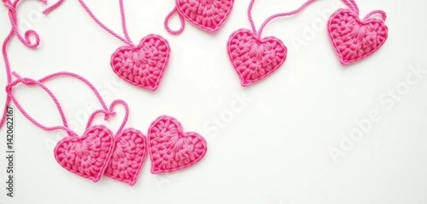 Fototapeta Sweet pink crocheted hearts with attached hooks on a pristine white background, Valentine's Day banner, wool, craft