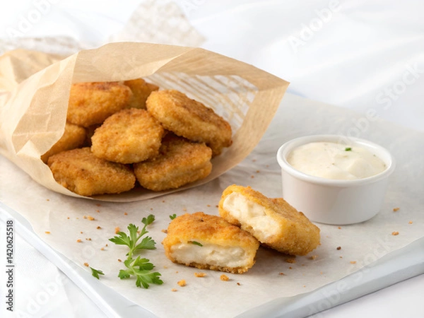 Obraz Crispy Chicken Nuggets with Dipping Sauce on Parchment Paper – Close-Up Food Photography