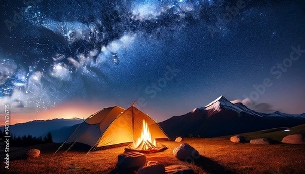 Fototapeta 星空の下、焚き火の光で温かな空間が広がり、遠くの山々と共に静かなキャンプの夜が演出される


