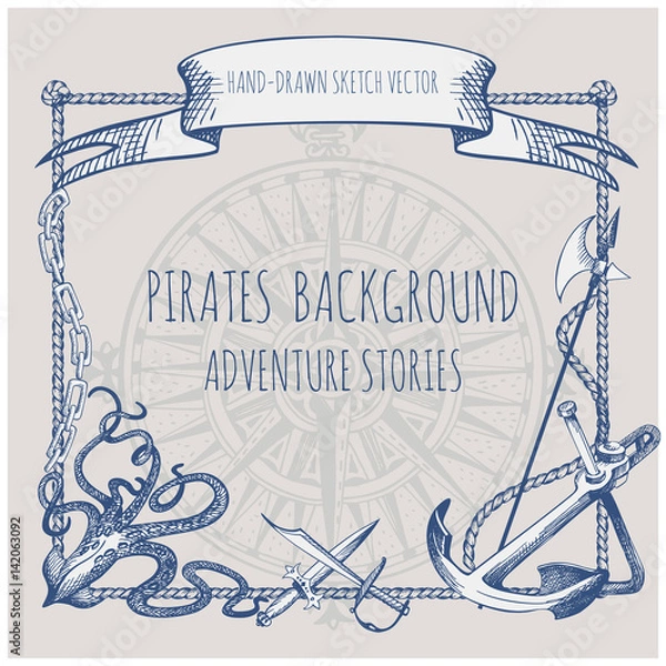 Obraz Adventure stories. Pirate background. Vintage border frame.