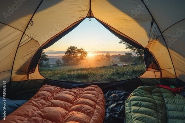 Obraz peaceful view from inside a tent, capturing a beautiful sunrise over a calm lake, with sleeping bags and camping essentials creating a cozy and inviting atmosphere