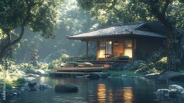 Obraz Zen Cabin by Lake with Forest Retreat, and Tranquility.