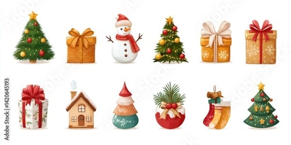 Fototapeta Close-up of assorted colorful Christmas decorations including ornaments, pinecones, and festive ribbons.