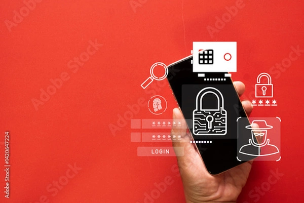 Fototapeta Hand holding smartphone with cyber security, password login fields, encryption lock, and hacker symbols on red background keyword for Internet security, mobile safety, and online privacy protection.