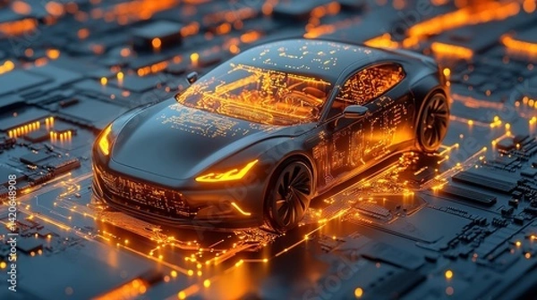 Fototapeta Futuristic Electric Vehicle on Circuit Board: Innovation in Automotive Technology