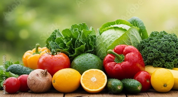 Fototapeta Vibrant mix of fresh, organic fruits and vegetables. Perfect for healthy eating, farm-to-table, and dietary concepts.
