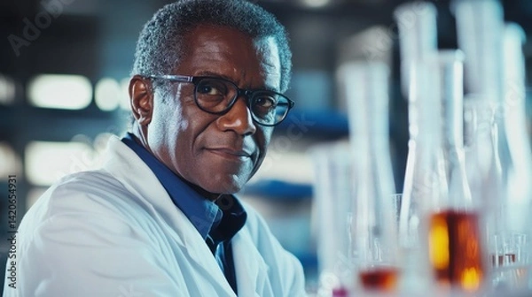 Fototapeta Professional African American Scientist in Laboratory Wearing Glasses Surrounded by Laboratory Glassware and Colorful Liquids in Research Environment