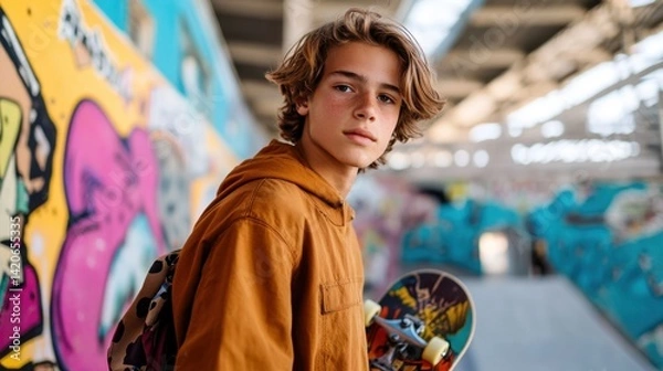 Obraz Young boy with skateboard in urban skate park with vibrant graffiti background, wearing hoodie and backpack, showcasing youthful energy and style