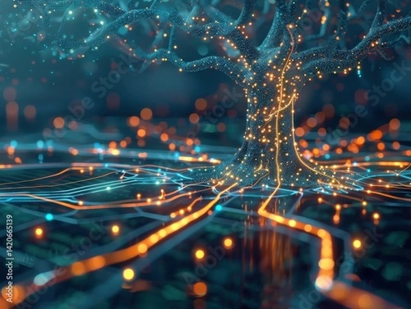 Fototapeta Holographic root cause analysis tree diagram comes alive problem branches illuminate paths to the core issue watermark in a digital circuit design.