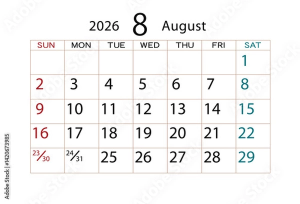 Obraz 2026年カレンダー8月(2)