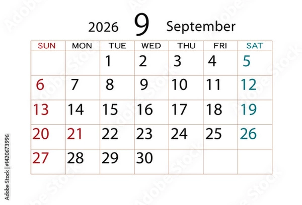 Fototapeta 2026年カレンダー9月(2)