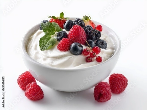 Obraz studio photo of yogurt with fruit in a bowl on a white background