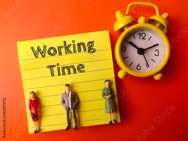 Obraz Alarm clock,miniature people and sticky note with the word Working Time on a red background