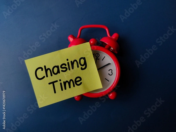 Obraz Alarm clock and sticky note with the word Chasing Time on blue background