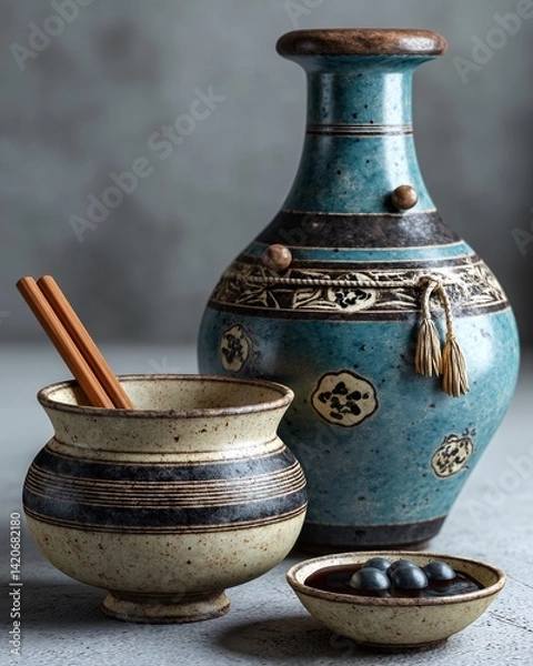 Fototapeta Elegant ceramic vases and bowls with wooden chopsticks against textured background