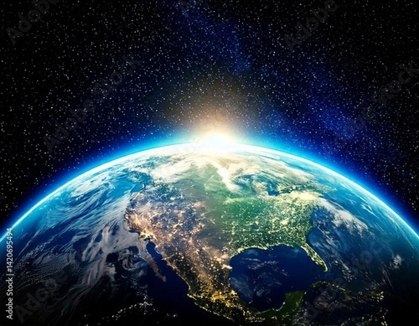 Fototapeta  Planet earth globe view from space showing realistic earth surface and world map as in outer 