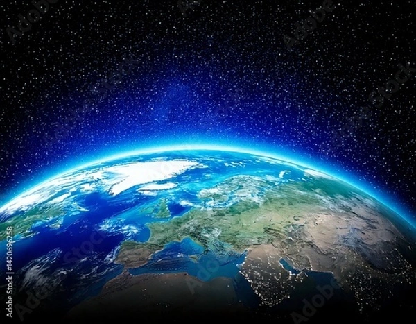 Fototapeta  Planet earth globe view from space showing realistic earth surface and world map as in outer 