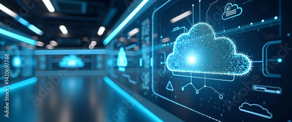 Fototapeta Image capturing the expansive cloud computing industry through state of the art digital facilities and innovative IT services fostering global market expansion in  Photo Stock  Concept  and empty spac