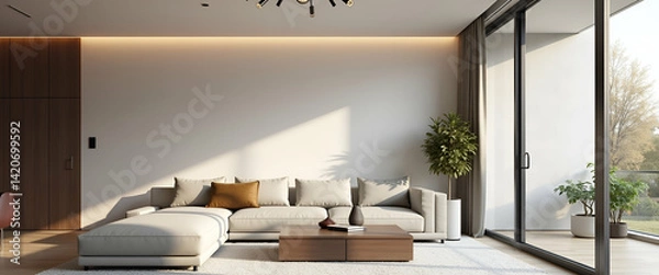 Fototapeta Serene Minimalist Living Room: Elegant Beige & Gray Tones with Sleek Furniture & Soft Recessed Lighting - Photo Stock Concept with Empty Space