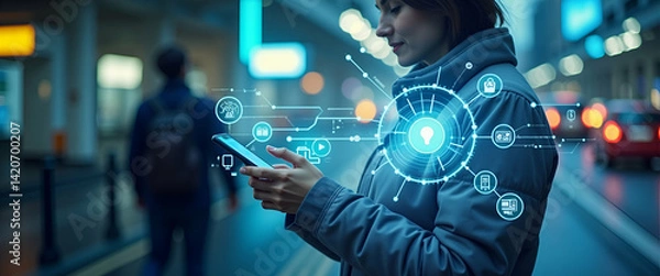 Fototapeta Photo realistic as Person with a travel app urban commute and navigation overlay symbolizing tech savvy urban commuting with copy space. concept as A person intertwined with a travel app urban commute