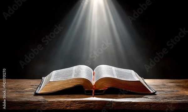 Fototapeta Open book bathed in light on a wooden table