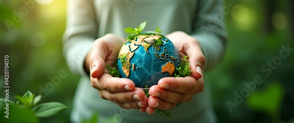 Fototapeta Two Hands Cradling Green Earth: Symbolizing Corporate ESG Responsibilities and Sustainable Practices for Planet Protection - Photo Stock Concept
