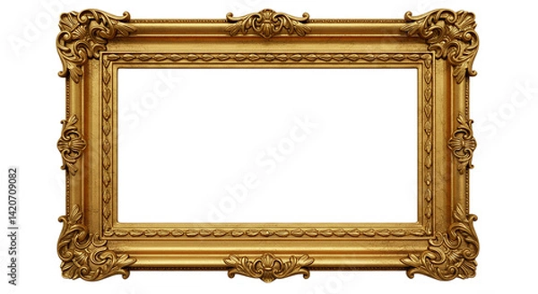 Fototapeta A golden ornate picture frame with intricate carvings and a black background in a horizontal view