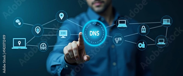 Fototapeta Man Engaging with DNS Interface: Icons for Internet Connectivity, Data Security, Website Management & Server Operations - Emphasizing DNS Importance with Left Space