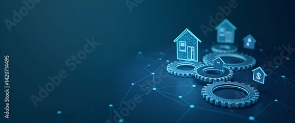 Fototapeta Real Estate Concept: Visualizing Property Value with Location, Contract Price Icons, and Diagrams Featuring Gears and Wireframe Mesh Elements in Stock Photo Design