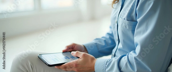 Fototapeta Photo Realistic Image of a Person Using a Mobile Finance App to Track Financial Growth - Clean Background for Text and Graphics | Stock Photo Concept