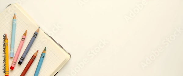 Fototapeta Photo Realistic Icon of Notebook and Crayons: A Creative Symbol of Learning and Imagination on a Clean Background for Stock Photography