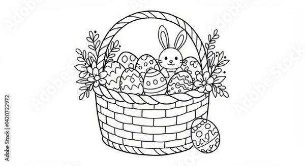 Fototapeta Easter basket filled with decorated eggs and a cute bunny for coloring book