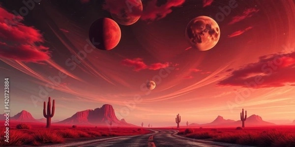 Obraz Red Planet Desert Landscape Alien Sky Road Cacti