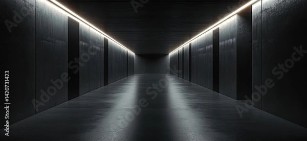 Fototapeta Dark Minimalist Corridor with Fluorescent Ceiling Lights, Simple Architectural Design, Sleek Modern Aesthetics, Futuristic Interior Space, Abstract 3D Environment