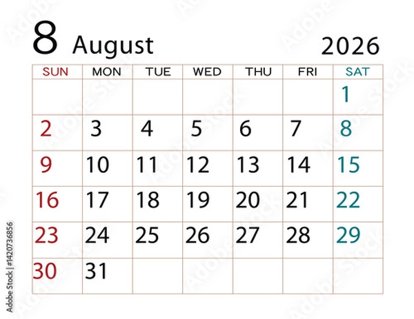 Obraz 2026年カレンダー　8月(2)