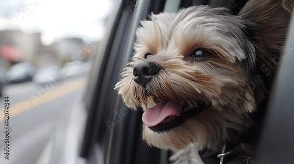 Obraz Happy dog with its head out of the car window, enjoying the breeze, capturing the joy of traveling with a pet.  