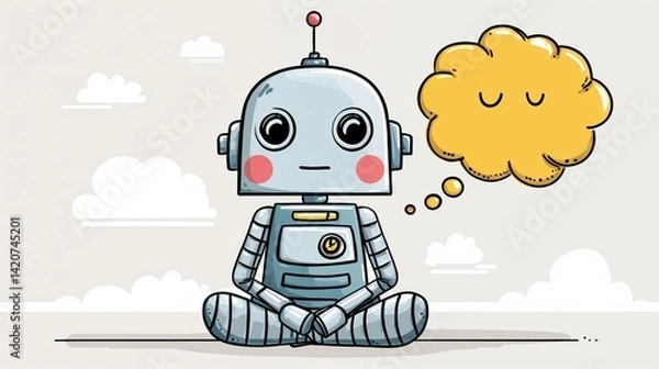 Obraz A playful robot sits cross-legged, its shiny metallic body gleaming softly as it gazes thoughtfully at a fluffy yellow thought bubble. Whispers of clouds float in the serene background.