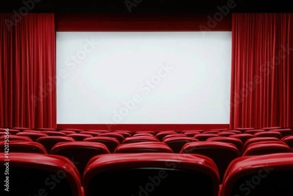 Obraz Empty movie theater.  Red seats and curtains, large blank screen