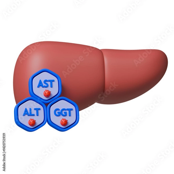 Obraz Clinical chemistry 3d icon. Liver with hepatocyte labelled with liver AST, ALT and GGT enzyme.