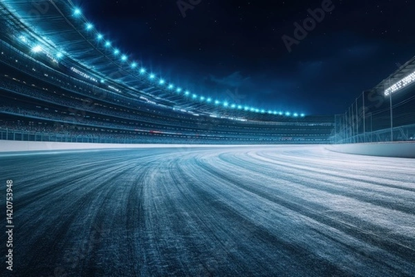 Fototapeta Empty race track at night, illuminated by bright lights.  A curved, paved racing track under a starlit sky is highlighted by numerous bright lights