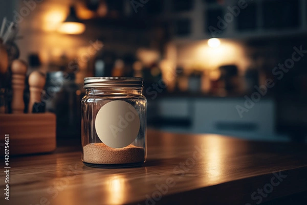 Fototapeta Glass Jar with Blank Label in Warm Cafe Light – Product Mockup Scene
