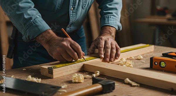 Obraz Skilled carpenter measuring wooden planks in a workshop, surrounded by tools and wood shavings, focused on precision