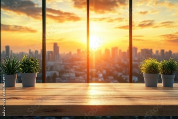 Fototapeta Empty wooden desk with potted plants overlooking a vibrant city sunset