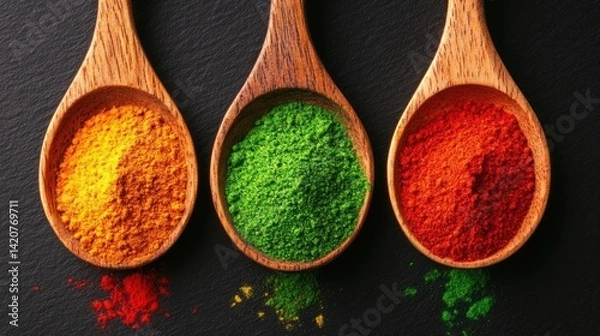Obraz Vibrant Spices in Wooden Spoons: A Culinary Delight