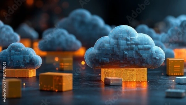 Fototapeta Exploring Digital Cloud Computing:  Data Storage and Server Networks Illustrated with Abstract 3D Models, Highlighting Network Infrastructure and Digital Transformation.