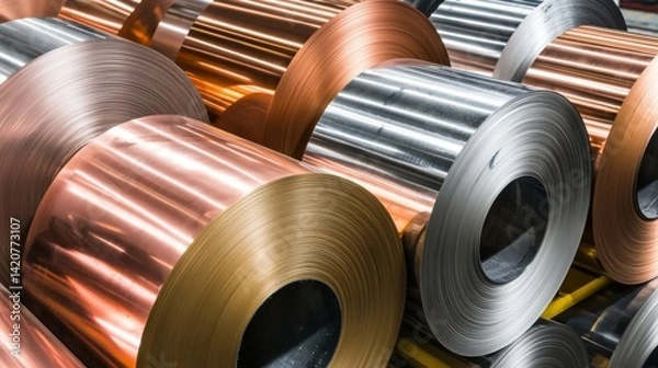 Fototapeta Rolls of steel and non-ferrous metals like copper arranged in a factory, with industrial lighting casting reflections on their surfaces, highlighting their industrial beauty