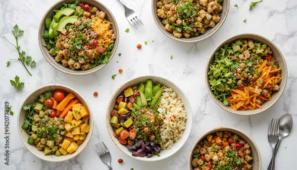 Fototapeta Arrangement of six bowls filled with colorful and healthy food on a marble surface top view .
