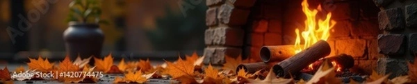 Obraz Golden leaves swirl around crackling fireplace, mug, nature